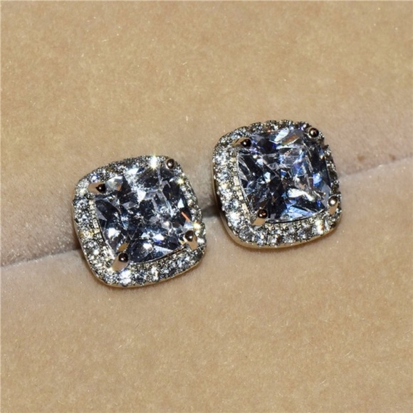 White Sapphire Halo Stud Earrings - Picture 3 of 5